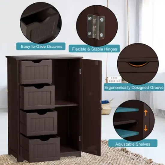 Costway Wooden 4 Drawer Bathroom Cabinet Storage Cupboard 2 Shelves Free Standing Brown image {4}