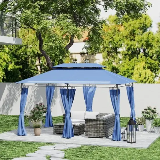Outsunny&nbsp;10'&nbsp;x&nbsp;13' Patio Gazebo, Double Roof Outdoor Gazebo with Curtains and Metal Frame for Garden, Lawn, Backyard and Deck, Dark Blue image {2}