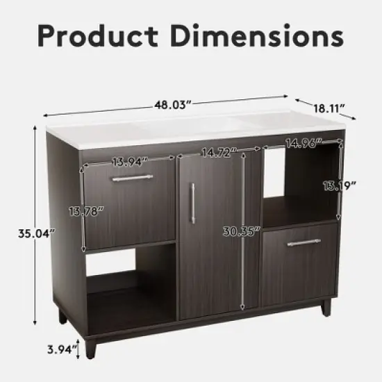 HYLEORY 48.03 in. W X 18.11 in. D X 35.04 in. H Basin Vanity with White Marble Top, Drawers and Open Shelf image {3}