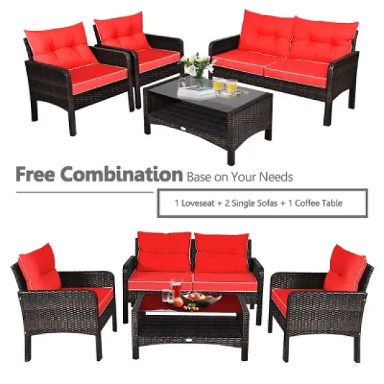 Tangkula 4 Piece Patio Conversation Set Rattan Wicker Loveseat Sofa Coffee Table & Glass Top Red/Turquoise Cushions image {3}
