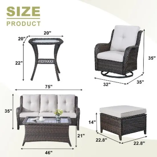 7 Piece Patio Furniture Set with Swivel Chairs, Rattan Wicker Outdoor Conversation Set with Patio Couch Swivel Chair Coffee Table End Table Ottoman image {6}