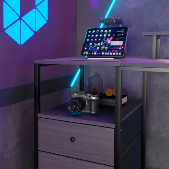 HOMCOM 61" Computer Desk with Lights, Power Outlets, USB Ports, Gaming Desk with Storage Shelves, Monitor Stand, Fabric Drawers image {5}