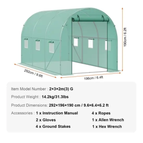 VEVOR Walk-in Tunnel Greenhouse, 9.6x6.4x6.2 ft Hoop House Greenhouse Tunnel with Galvanized Steel Frame, Green PE Cover, Roll-up Zipper Door image {7}