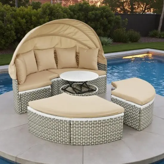 4-Pieces Outdoor Patio Rattan Round Daybed Sunbed with Retractable Canopy and Table image {18}