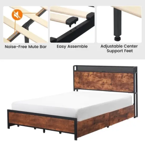 Full Queen Bed Frame with Storage Drawers and Charging Station, LED Light Bed with Storage Headboard, Platform Bed with Strong Wood Slats Support image {7}