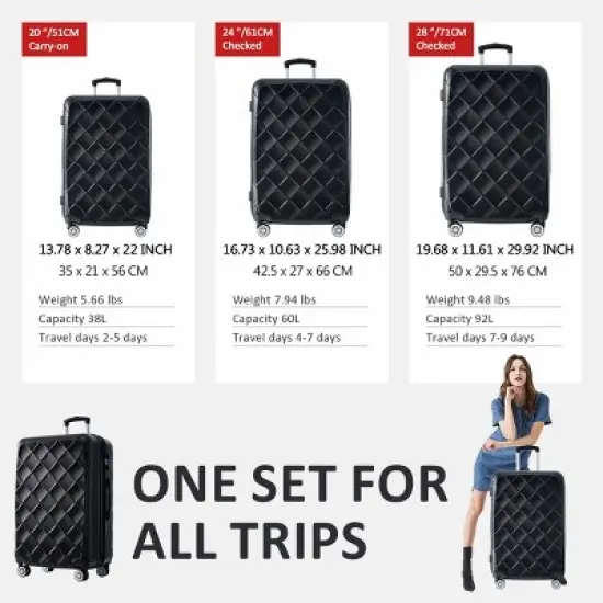 3 Piece Luggage Set with TSA Lock,Spinner Wheels, ABS Hard Shell Lightweight Expandable Travel Luggage for Men Women image {7}