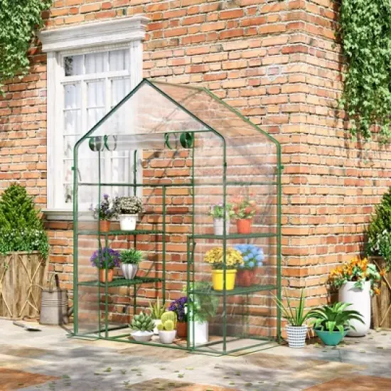 Outsunny 56" x 29" x 77" Mini Greenhouse, Walk-in Greenhouse, Garden Hot House with 4 Shelves, Roll-Up Door and Weatherized Cover, Deep Green image {1}