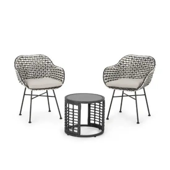 Christopher Knight Home Gulley Outdoor Wicker 3 Piece Chat Set with Cushion, White/Black image {1}
