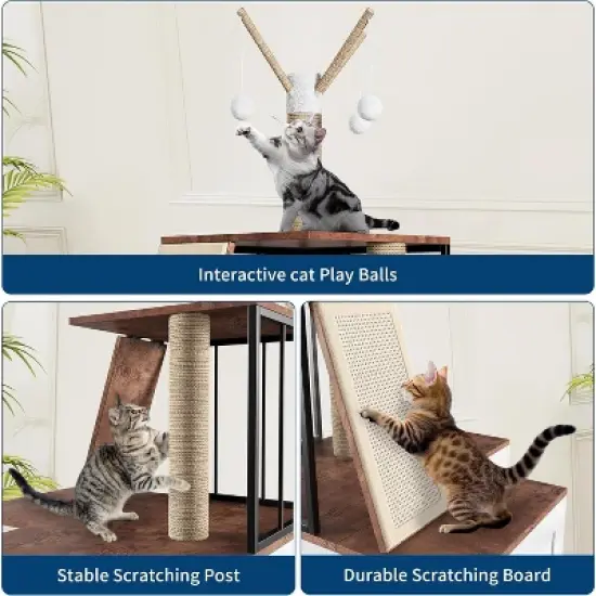 Cat Tree Litter Box Enclosure Hidden Litter Box, Large Tall Cat Tower for Indoor Cats Large Adult with Scratching Post, Hanging Balls for Pets image {5}
