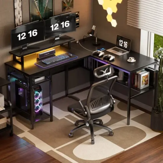 Aheaplus 55.5'' Reversible L-shaped Desk with Power Outlets and RGB LED Lights, Computer Table with CPU Stand and Monitor Stand image {10}