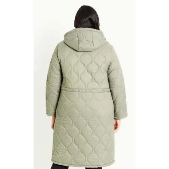 Women's Plus Size Quilted Hood Coat - Green | EVANS image {2}