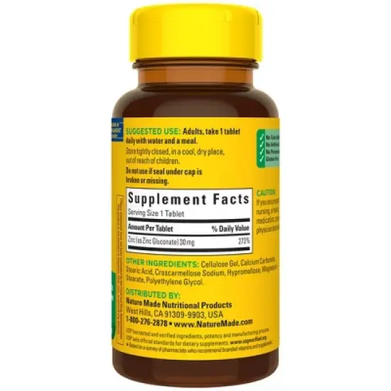 Nature Made Zinc 30mg Dietary Supplement Tablets for Antioxidant and Immune Support - 100ct image {1}