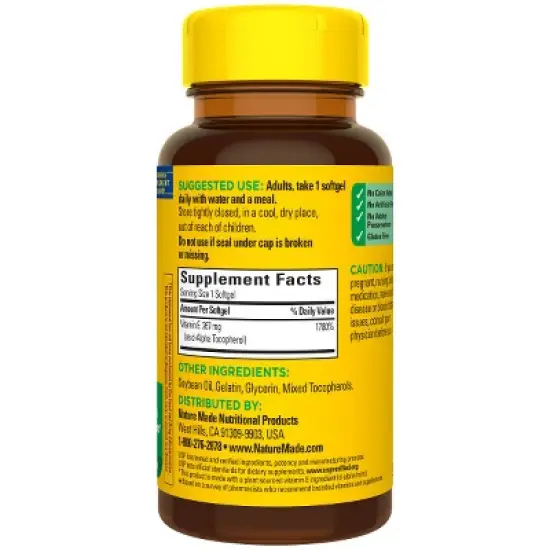 Nature Made Vitamin E 267 mg (400 IU) d-Alpha, Dietary Supplement for Antioxidant Support, 100 Softgels, 100 Day Supply image {1}