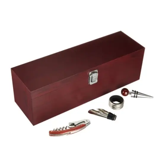 True Cherry 1-Bottle Wine Accessories Gift Set | Premium Corkscrew Opener Kit, Drip Ring, Wine Pourer, Stopper in Wood Case with Padded Insert, Brown image {2}