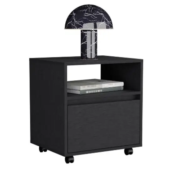 Grungis Modern Wood Nightstands with 1 Drawer,Bedside Table with Wheels& Open Shelf,Mobile Night Stand for Bedroom,Living Room image {3}