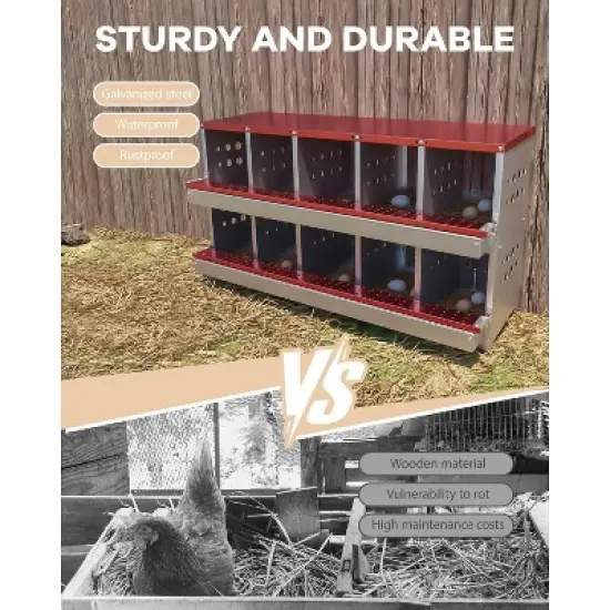 Red 10-Compartment Wall-Mountable Metal Chicken Nesting Box, Roll Away Rustproof Design, Ventilated with Perch & Waterproof image {4}