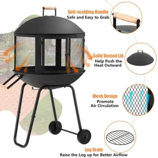 Tangkula Portable Fire Pit w/ Wheels 28" Wood Burning Fire Pit w/ Log Grate Poker Rolling Patio Fireplace Bonfire Firepit for Outdoor Entertaining image {7}