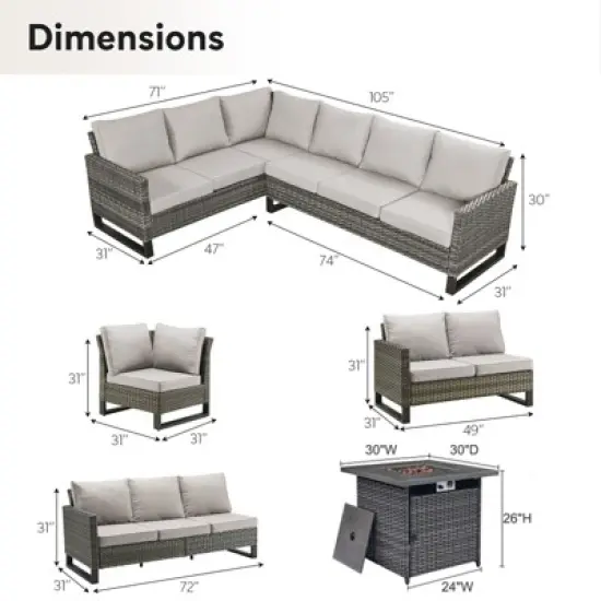 Buenhomino 4 Pieces Outdoor Patio Furniture Set with 30" 50000BTU Fire Pit Table, Rattan Patio Sectional Sofa Conversation Set with Propane Fire Pit image {1}