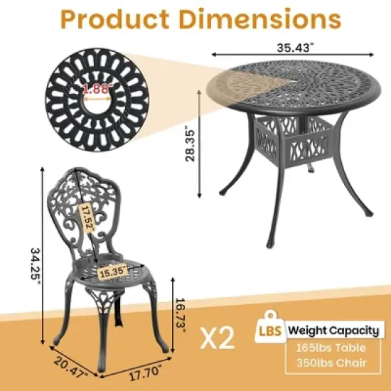 3-Piece Patio Set: Round Table & 2 Chairs - Cast Aluminum, All-Weather/Umbrella Hole & Adjustable Legs for Balcony/Backyard image {4}