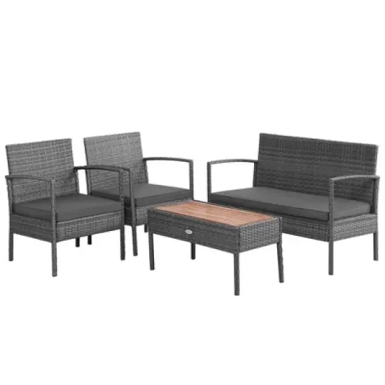 Costway 4PCS Patio Rattan Furniture Set Cushioned Chair Wooden Tabletop Gray image {8}