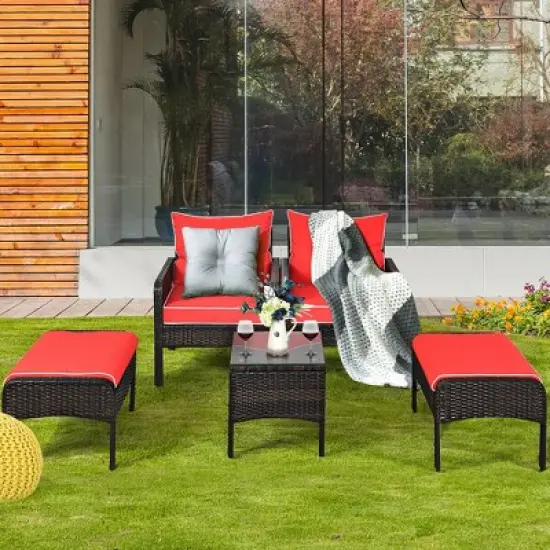 Costway 5 PCS Patio Rattan Furniture Set Sofa Ottoman Table Cushioned Yard Red image {5}