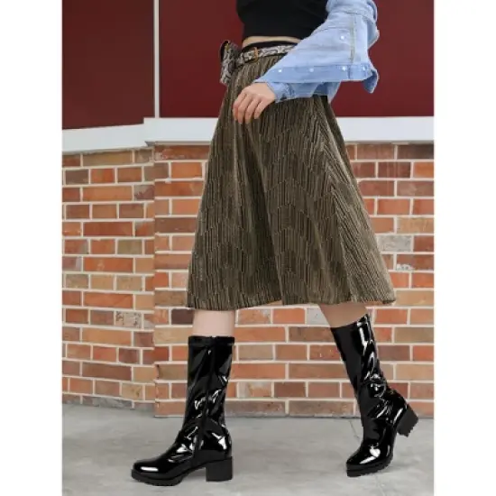 Allegra K Women's Round Toe Chunky Heels Patent Leather Mid Calf Boots image {1}