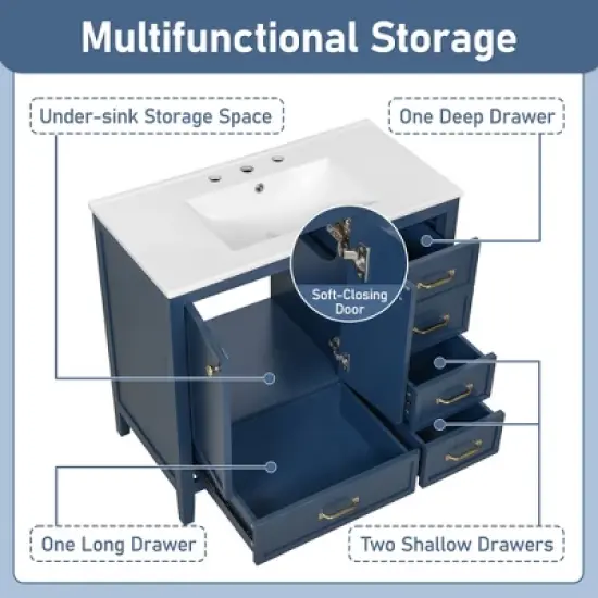 Christopher Knight Home Bathroom Vanity with Ceramic Sink, Bathroom Cabinet with Soft-Closing Door, Drawers of Different Sizes, Solid Wood Frame & Leg image {2}