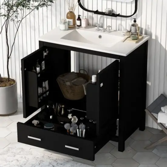 30 Inch Solid Wood Frame Bathroom Vanity with Single Sink, 2 Doors and a Drawer image {2}