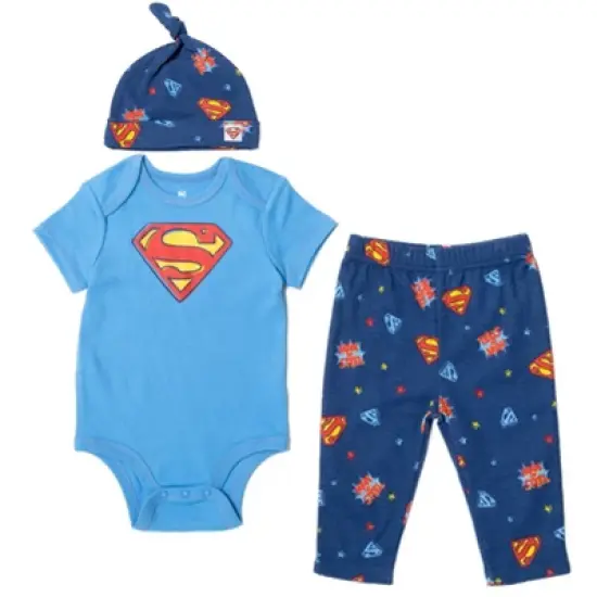DC Comics Justice League Superman Flash Baby Pants Bodysuit and Hat 3 Piece Outfit Set Newborn to Infant image {9}