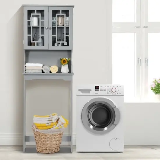 Costway Over the Toilet Bathroom Spacesaver Organizer w/ Adjustable Shelf & Doors Grey image {3}