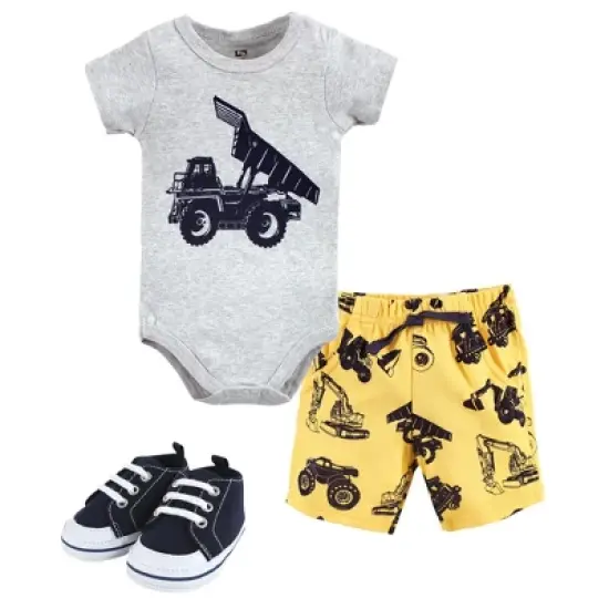 Hudson Baby Infant Boy Cotton Bodysuit, Shorts and Shoe Set, Construction Trucks image {7}
