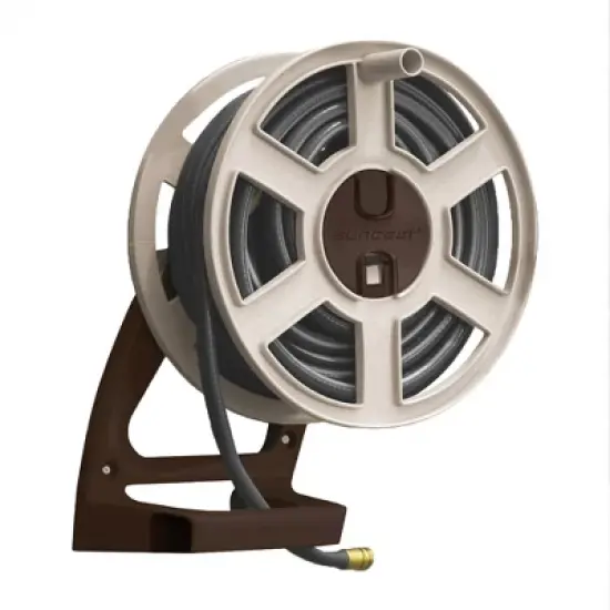 Suncast Sidewinder Wall Mount Garden Hose Reel for Lawn & Outdoor Use, 100 Feet Capacity for 5/8 Inch Standard Vinyl Hose w/ Leader Hose, Light Taupe image {6}
