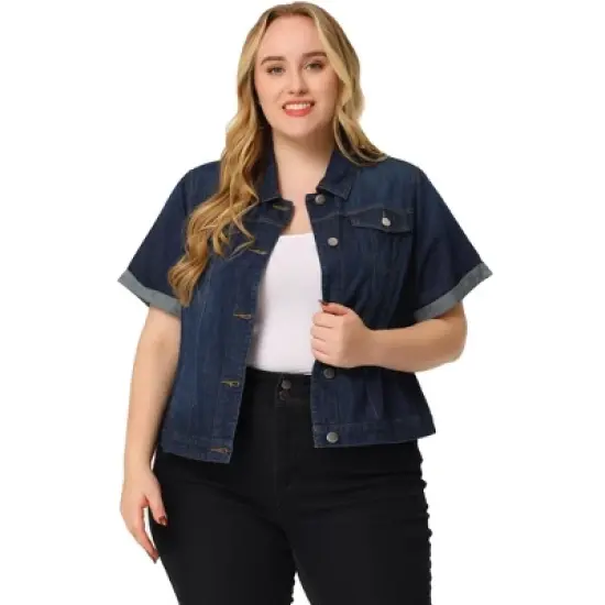Agnes Orinda Women's Plus Size Denim Button Front Crop Short Sleeve Trucker Jean Jackets image {10}