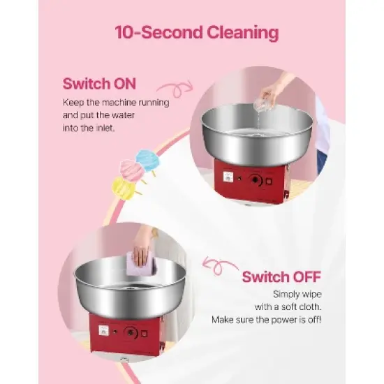 VEVOR Electric Cotton Candy Machine, 1000W Commercial Candy Floss Maker with 20.5 in Stainless Steel Bowl, Sugar Scoop, and Drawer, Red image {4}