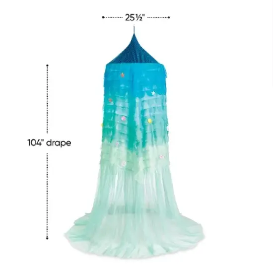 HearthSong Mermaid Blue Scalloped Gauze Canopy with LED Lights and Decorative Applique and cute Shells and Starfish image {2}