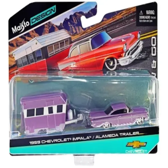 1959 Chevrolet Impala Purple Metallic w/White Graphics and Alameda Trailer Purple Met. & White 1/64 Diecast Model Car by Maisto image {2}