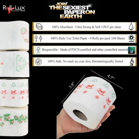 Roll-Lux Christmas Toilet Paper - 3 Ply - 160 Sheets per Roll - Festive and Fun Bathroom Essential for the Holidays image {3}