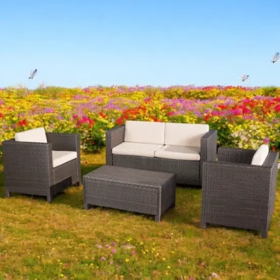 4-Piece Outdoor Sofa Set with Cushions, PE Wicker Rattan Seating Group with Loveseat, Club Chairs, and Coffee Table for Backyard, Patio, or Garden image {2}