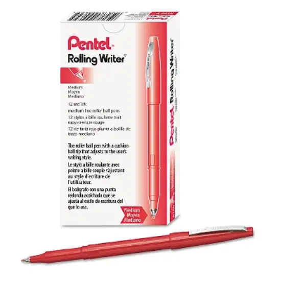 Pentel Rolling Writer Stick Roller Ball Pen .8mm Red Barrel/Ink Dozen R100B image {2}