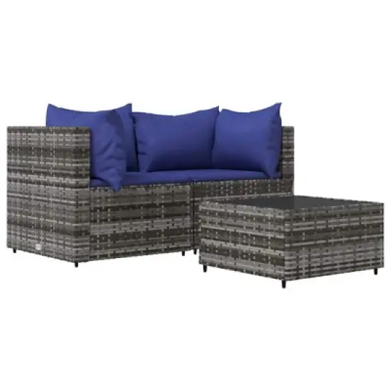 vidaXL 3-Piece Outdoor Lounge Set in Gray Poly Rattan with Blue Cushions - Includes Glass-Top Coffee Table, Modular Design, and Comfortable Seating image {12}