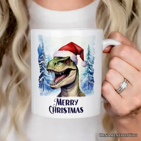 Dinosaur with Santa Hat Mug, Winter Forest Christmas Gift (Non-Custom Only)| OrnamentallyYou image {2}