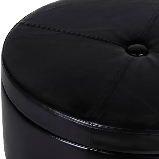 Winston Large Round Button Top Storage Ottoman Faux Leather Black - HomePop image {2}