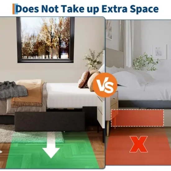 Full Size Bed Frame with 3 Storage Drawers, Fabric Upholstered Platform Bed, Wooden Slats Support, Dark Grey image {2}