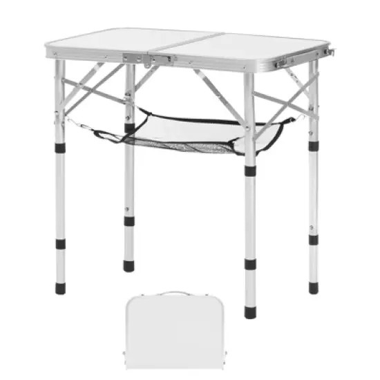VEVOR Folding Camping Table, Adjustable Height Portable Side Tables, Aluminum MDF Beach Table with Mesh Layer, Carrying Handle, 24x16in, Silver image {8}