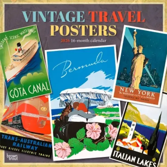 BrownTrout Vintage Travel Posters 2026 12"x24" Hanging Square Wall Calendar Plastic-Free image {9}