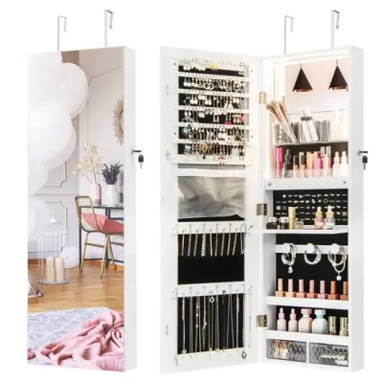 Tangkula Wall Mounted Jewelry Cabinet Full-Length Mirror Lockable w/ 3-Color Lights image {9}