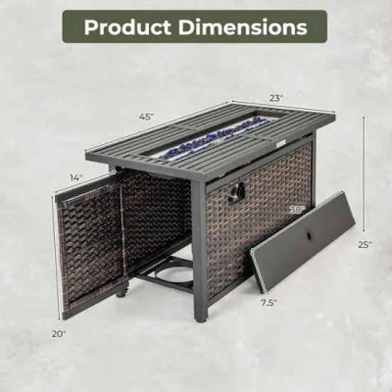 Costway 45" Propane Rattan Firepit Table with Glass Stones & Protective Cover Metal Frame image {2}