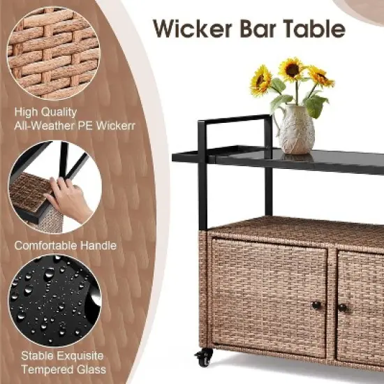 Wicker Outdoor Bar Cart with Storage and Wheels, Outdoor Bar Table Serving Cart Rattan Bar Cart with Glass Top and Shelf for Pool, Party image {6}