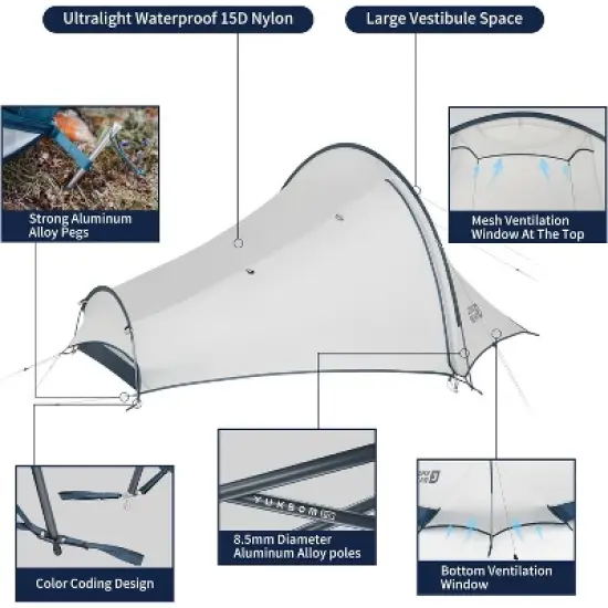 Naturehike Jims Gear Ultralight Backpacking Tent, 1-2 Person Tunnel Tent with Vestibule, Waterproof and Windproof for High-Altitude Camping image {4}