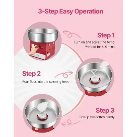 VEVOR Electric Cotton Candy Machine, 1000W Commercial Candy Floss Maker with 20.5 in Stainless Steel Bowl, Sugar Scoop, and Drawer, Red image {3}